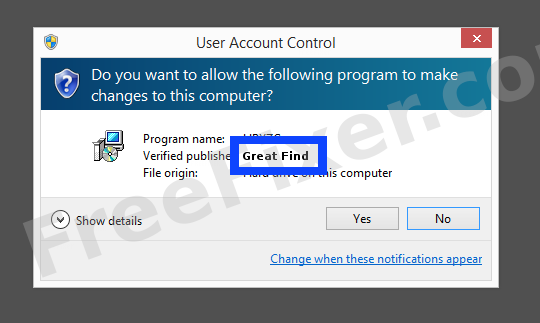 Screenshot where Great Find appears as the verified publisher in the UAC dialog
